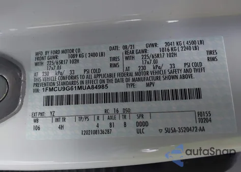 2021 Ford Escape Se z USA, uszkodzony, nr VIN 1FMCU9G61MUA84985